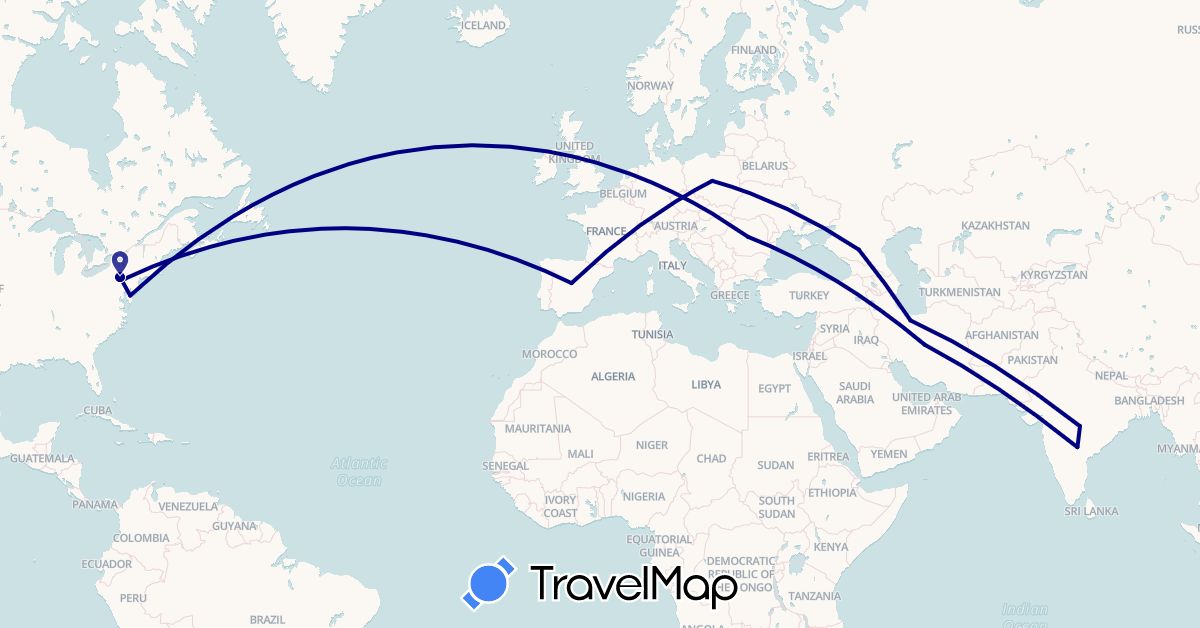 TravelMap itinerary: driving in Spain, India, Iran, Poland, Romania, Russia, United States (Asia, Europe, North America)